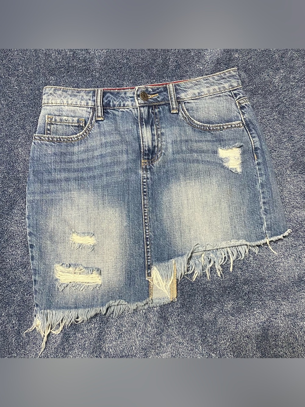 Cello Distressed Denim Mini Skirt Size Small Asymmetrical Raw Hem Y2K